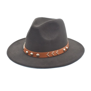 Dark gray wool fedora hat with wide brim and brown leather band with metal studs