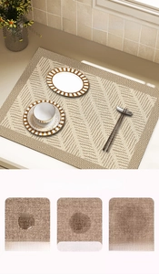 Absorbent dish drying mat with beige herringbone texture showing 3-second quick water absorption
