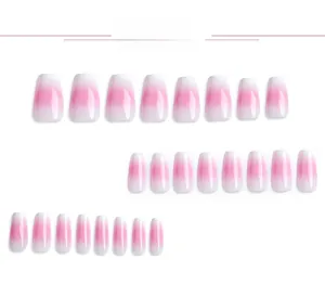 Détails de 24 faux ongles dégradés rose et blanc de forme ballerine moyenne polis