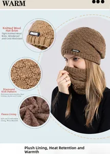 Detail of knitted winter beanie and scarf set with warm fleece lining and diamond pattern