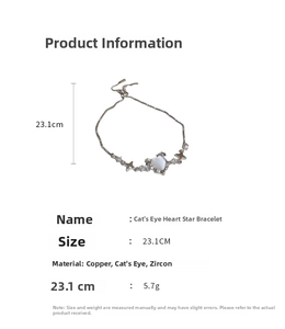 Dettaglio bracciale cuore opale con stella zircone, mostra lunghezza 23,1 cm e 5,7 g