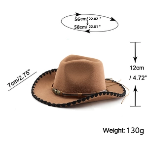 Spécifications de taille pour un chapeau de cow-boy en feutre marron avec bande en cuir