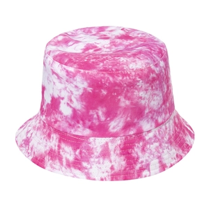 Pink and white tie-dye cotton bucket hat with reinforced stitching for sun protection