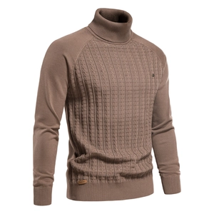 Detail showing vertical cable knit texture and turtleneck design on a brown sweater