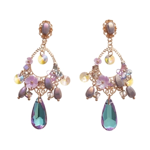 Vintage floral drop earrings with colorful crystals and blue-green resin teardrop pendants