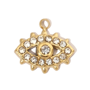 Close-up of gold-plated eye pendant with sparkling crystals on white background