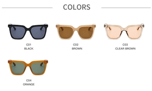 Detailed grid of oversized square sunglasses showing four different lens and frame colors