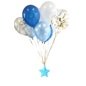 Blue and white Christmas star balloon weights with assorted latex party balloons