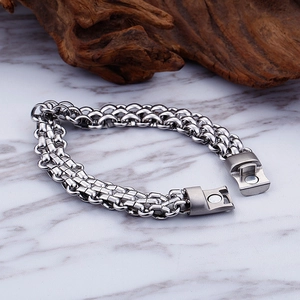 Hip hop silver woven stainless steel bracelet for men with magnetic clasp and chunky links