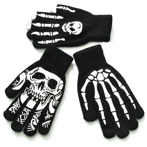 Gants tête de mort Halloween en maille noire avec motifs squelette blancs luminescents