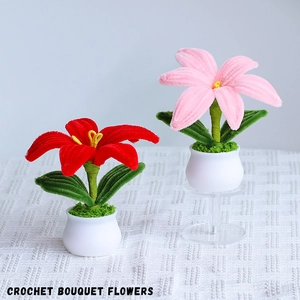 Handmade crochet sunflower and rose potted plants in white pots for desk decoration