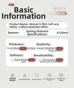 Infographic showing material specs and care instructions for lace bow mid-calf socks