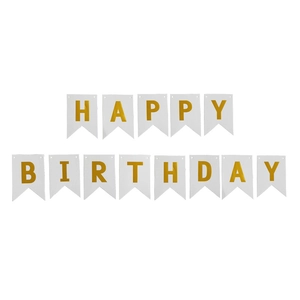 Detail of white swallowtail paper banners with gold HAPPY BIRTHDAY foil lettering
