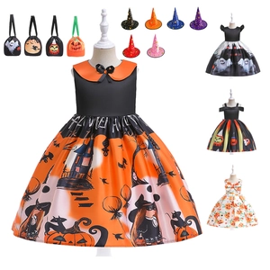 Halloween girls witch pumpkin costume set with themed dresses, hats and bags