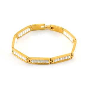 Modern gold titanium steel beaded bracelet with white oval stones and folding clasp