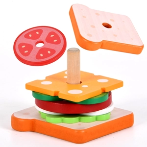 Educational wooden sandwich stacking toy with colorful layers for kids role play