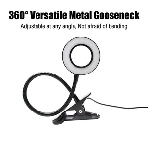LED ring light with 360 flexible metal neck and strong spring clip for desk