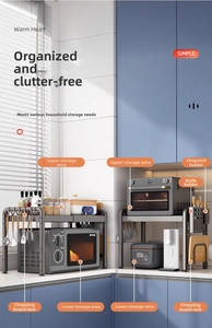 Detail of expandable kitchen microwave rack showing side hooks and knife holder