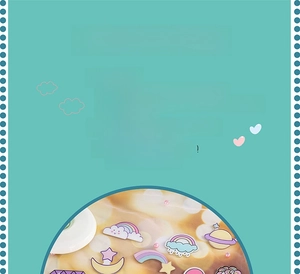 Detail showing colorful cartoon acrylic pins with rainbow and planet motifs on a green background