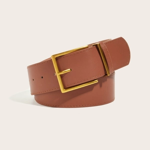 Vintage brown wide leather belt with a golden rectangular buckle on beige background