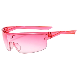 Translucent pink sports cycling sunglasses with wrap-around lens and aerodynamic design