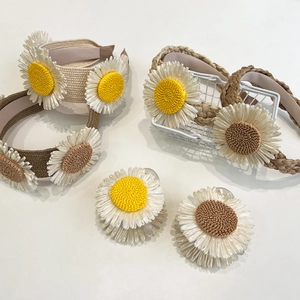 Chic raffia woven headband and hair clips set with cute white daisy flower accents