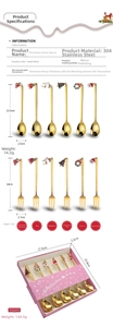 Detailed size specifications for gold 304 stainless steel Christmas dessert spoon and fork set