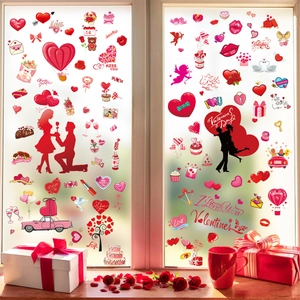 Valentine Day Static Window Cling Stickers PVC Heart Couple Silhouette Romantic Glass Door Decal Waterproof Festive Decor