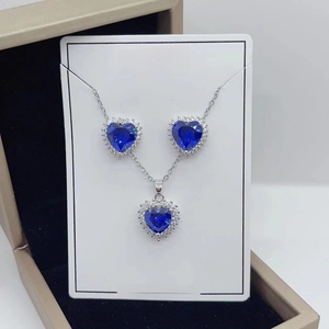 Blue heart zircon jewelry set with necklace and earrings on a white display card