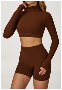Detail von hochgeschlossenem bauchfreiem Langarm-Top und High-Waist Radlerhose in Dunkelbraun