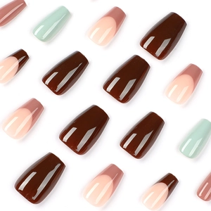 Brown and green French style coffin press-on nails with glossy finish on white background