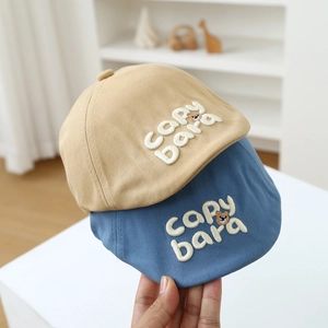Kids bear embroidery cotton beret hat in khaki and blue colors for outdoor sun protection