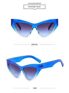 Front and side views of stylish cat-eye sunglasses with transparent blue frames