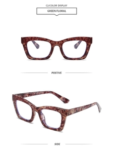Detail view of square green floral frames with retro tortoiseshell pattern and side view