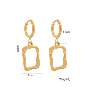 Golden geometric hammered rectangle drop earrings in stainless steel with 36mm length