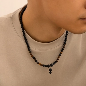 Men's hip hop necklace with black lava stone and brown tiger eye beads for styling