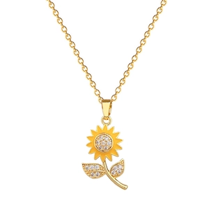 Elegant gold titanium steel sunflower necklace with yellow enamel and sparkling crystals