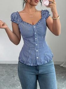 Detail view of blue and white striped blouse with square neck and ruffled sleeves
