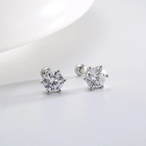 Elegant S925 silver hexagram stud earrings with round-cut cubic zirconia and screw backs