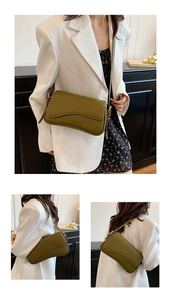 Detailed views of a green leather shoulder bag on a model wearing a white suit blazer