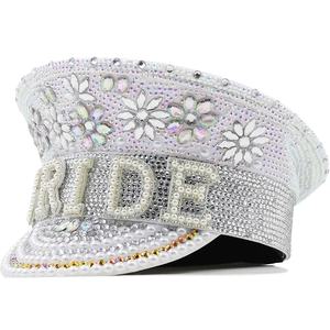 Luxury Rhinestone Military Hat Faux Artificial Pearl Sparkling Captain Cap For Wedding Bridal Party Rave Performance Festival White