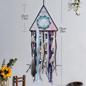 Handmade triangle dream catcher with feathers and beads wall hanging decor