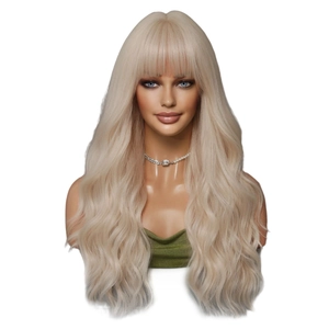 Platinum blonde long wavy wig with flat bangs on female mannequin, pure white background