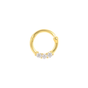 Close-up of golden S925 sterling silver hoop with three sparkling zircon stones