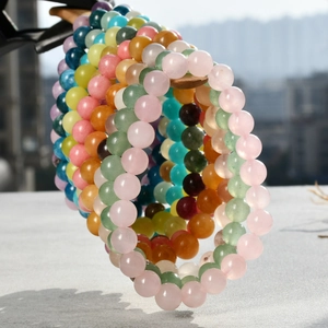 Natural stone crystal beaded bracelets set, colorful gemstone elastic wrist jewelry.