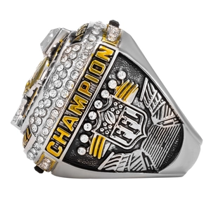 Silver and gold FFL Fantasy Football Champion ring with rhinestones and side engraving