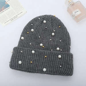Chic dark grey ribbed knit beanie with white imitation pearls and metal bead accents