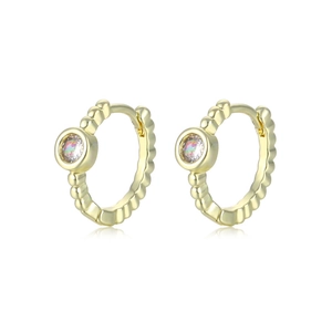Gold huggie hoop earrings with beaded texture and iridescent round zircon stone