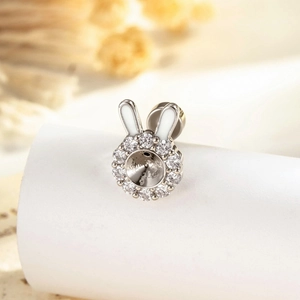 Sweet white enamel rabbit earring studs with sparkling zircon frame for DIY jewelry