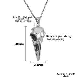 Detailed view of punk crow skull pendant in polished titanium steel with dimensions